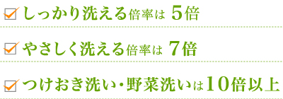 1.しっかり洗える倍率は 5倍 2.やさしく洗える倍率は 7倍 3.つけおき洗い・野菜洗いは10倍以上