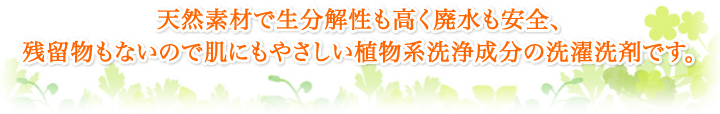 原料すべてが天然素材で生分解性も高く廃水も安全、残留物もないので肌にもやさしい植物系洗浄成分の洗濯洗剤です。